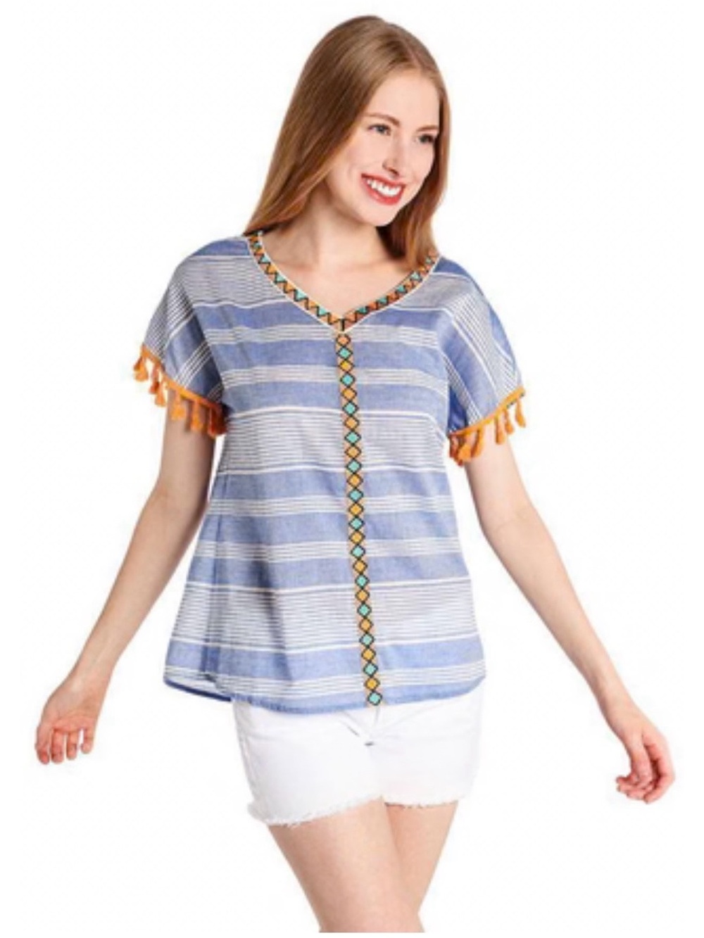 THML Blue Striped V-Neck Top with Gold Tassel Trim